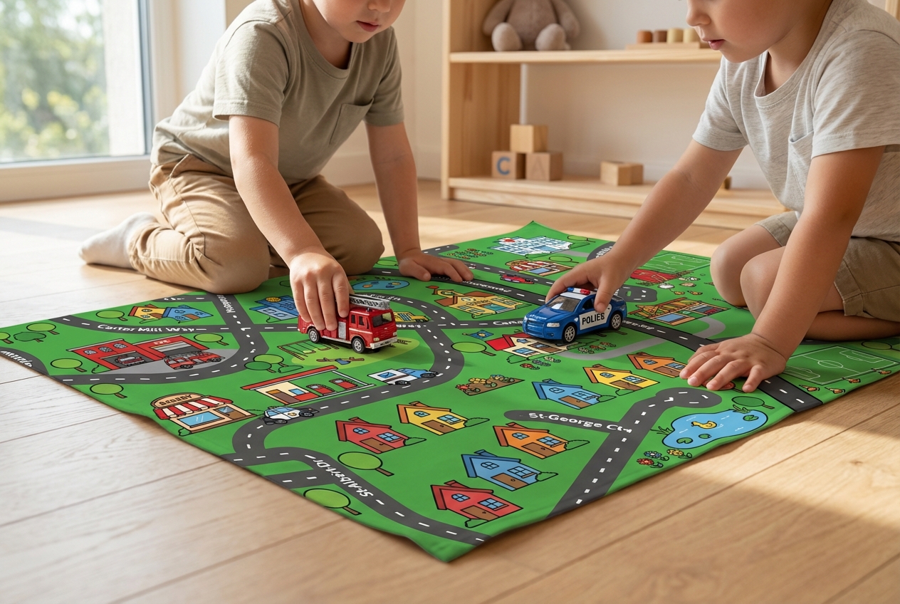 Kids playing with toy cars on a custom neighborhood play mat